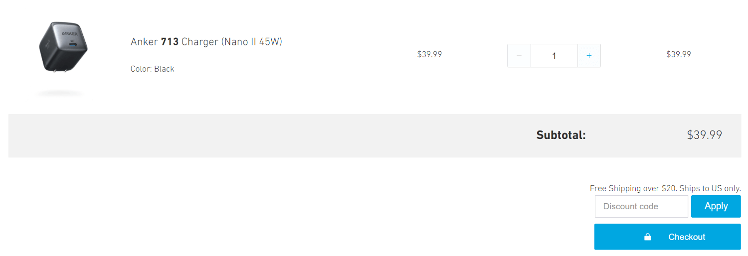 Screenshot of the Anker discount code box at checkout on the Anker website