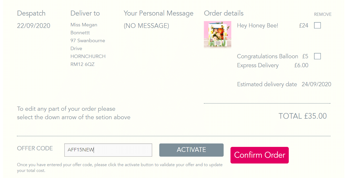 Flowercard discount code application box at checkout