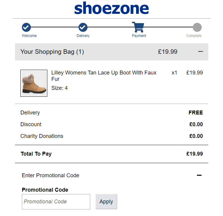 Shoe Zone discount code box - payment page, checkout