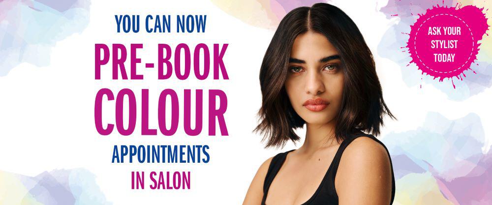 Decorative advert image for Supercuts appointment booking. Text reads: You can now pre-book colour appointments in salon