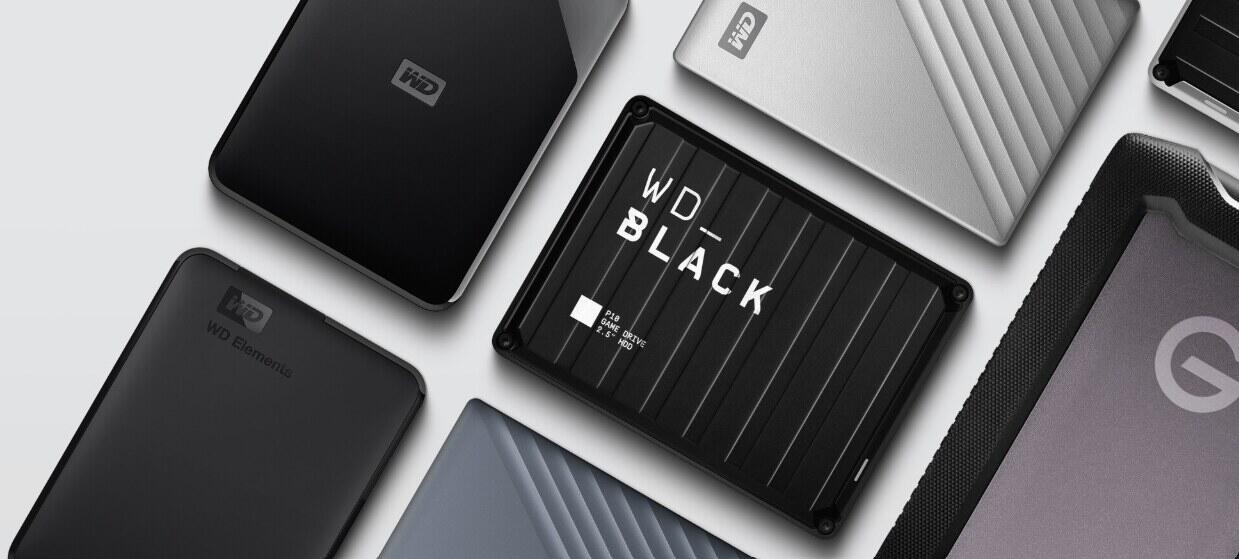 western digital savings banner showing a selection of balck and grey storage devices